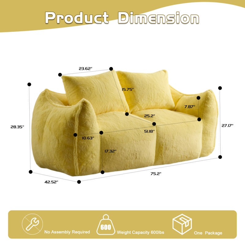 Fauteuil à billes géant pour adultes, canapé moelleux moelleux pour causeuse, causeuse surdimensionnée à l'intérieur pour la chambre à coucher du salon, aucun fauteuil de lecture confortable avec coussins, jaune