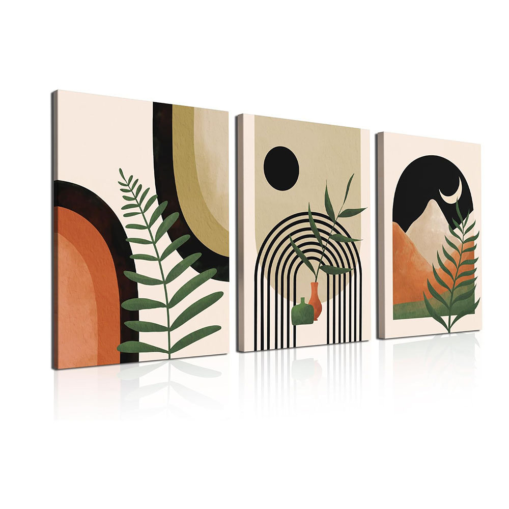 Boho Wall Art Set Of 3, Mid Century Modern Art, Room Decor, Neutral Abstract Geometric Prints Black Beige Botanical Framed Canvas Print Ready To Hang