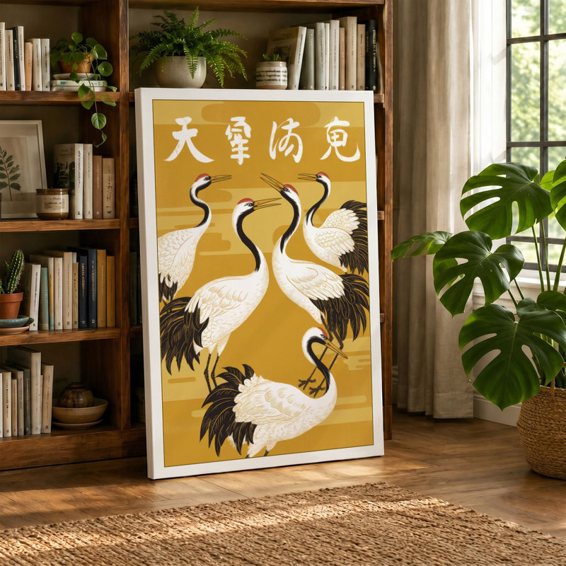 Three Cranes in Gold Japandi - Wrapped Canvas, 30x20 - 76.2 x 50.8 cm, Sage Border