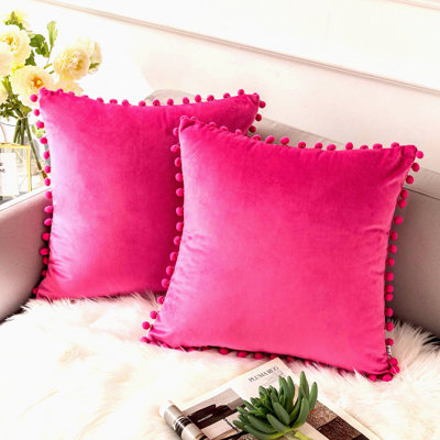 Pom Pom Velvet Cushion Covers - Soft Particles Throw Pillow Cases for Couch & Bedroom - Pack of 2, Pink - Decorative Car Accessories
