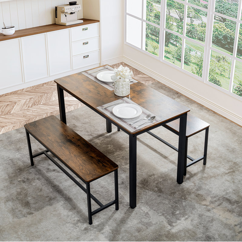 Ensemble de table de salle à manger compact 3 pièces avec bancs, structure en bois et en métal, conception peu encombrante, idéal pour les petits espaces