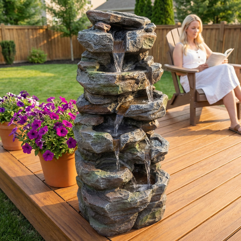 Rock Waterfall Outdoor Fountain with LED Lights & Cascading Tiers, Stone Effect Resin Garden Fountain for Patio Lawn Backyard