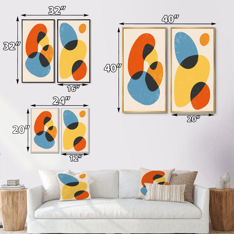 Minimal 20S Bauhaus géométrique xiv - ensemble de 2 peintures, H 20 po x l 24 po x P 1 po, Cadre noir