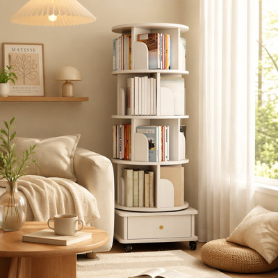 Bibliothèque rotative à 5 niveaux, bibliothèque rotative à 360 ° avec roulettes et tiroir, peu encombrante, petite bibliothèque rotative pour chambre à coucher, salon, maison, bureau, blanc chaud