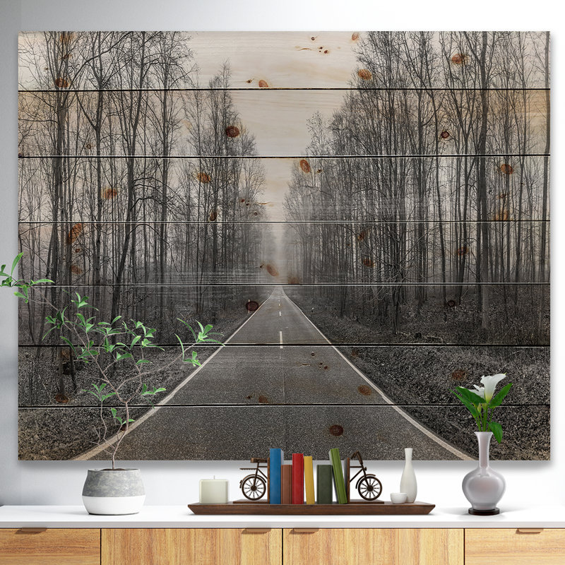 «Black and White Freeway in Forest», reproduction d'art paysage, Bois, H 30 po x l 40 po x p 1 po