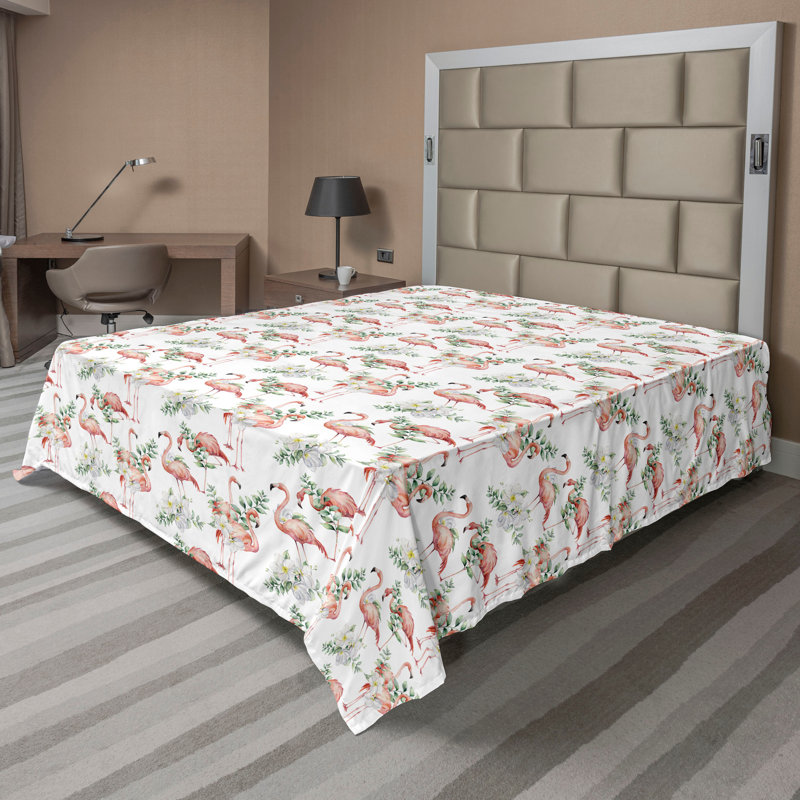 Drap plat Ambesonne motif exotique flamant rose feuillage vert réséda, Drap plat de taille double
