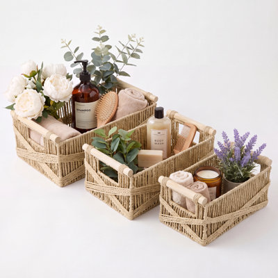 Set of 3 Paper Rope Woven Storage Baskets with Wood Handles, Farmhouse Organizer Bins