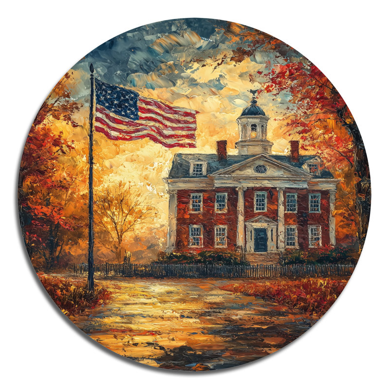 Drapeaux américains flottant à l'extérieur de l'Independence Hall - impression d'art moderne en métal rouge