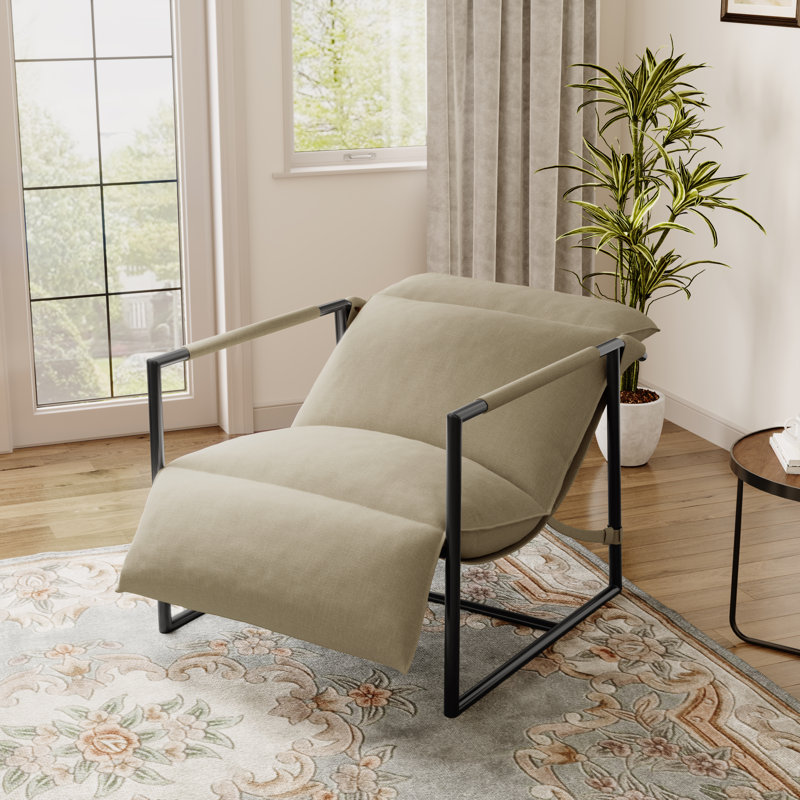 Upholstered Modern Metal Framed Beige Polyester Blend Sling Accent Chair, Beige Polyester Blend