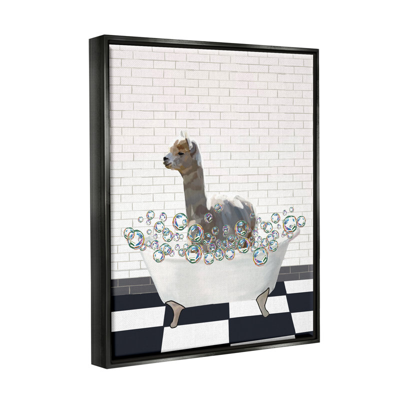"Lama dans la baignoire", art mural encadré par Amelia Noyes, H 31 po x l 25 po x P 1,7 po, Cadre flottant noir de jais