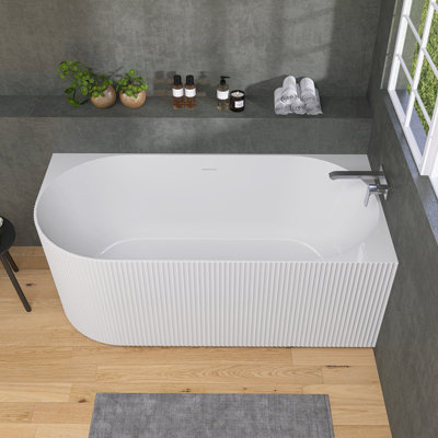 59'' W x 30'' D Freestanding Right Corner Soaking Bathtub Acrylic Stand Alone Back to Wall Alcove Tub with Overflow Glossy White