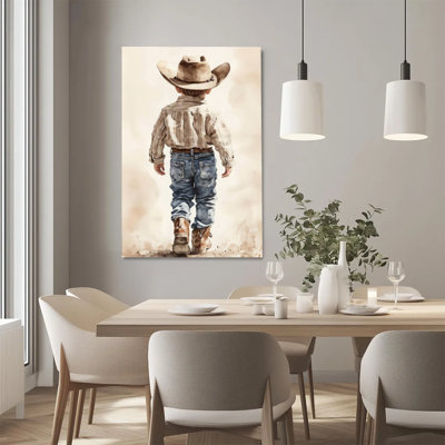 «Watercolor Young Boy in Cowboy Hat Walking», art mural - Toile tendue avec cadre intérieur en bois massif, prête à être accrochée