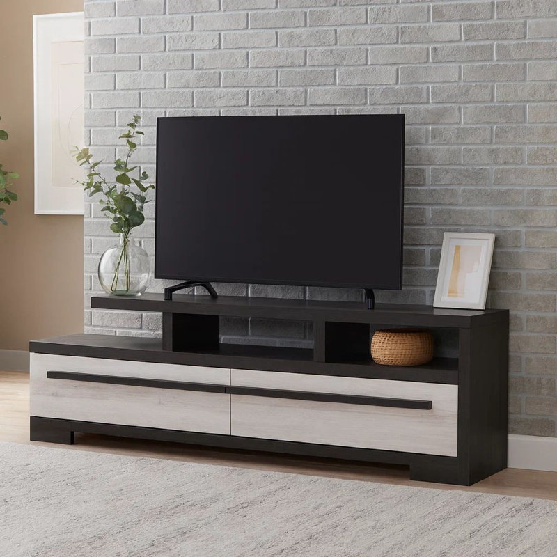 Meuble télé avec tablette ouverte et deux tiroirs, Beige, ébène