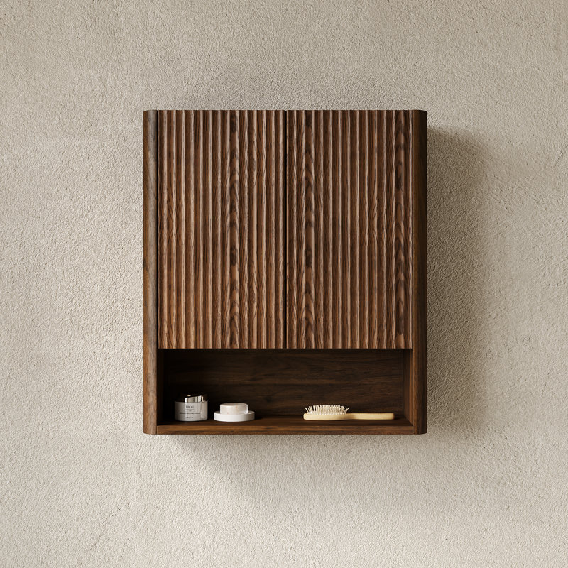 26" Wall-Mounted Striped Bathroom Cabinet with Doors & Open Shelf, Dark Walnut