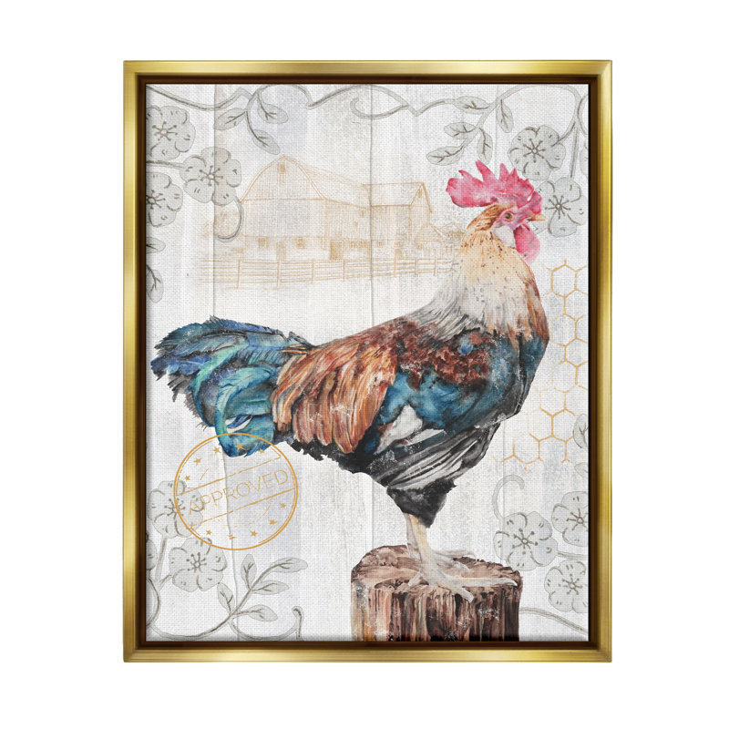 Coq avec cadre flottant à motif rétro par Studio 731 rep. Levison Designs, Cadre flottant métallique doré