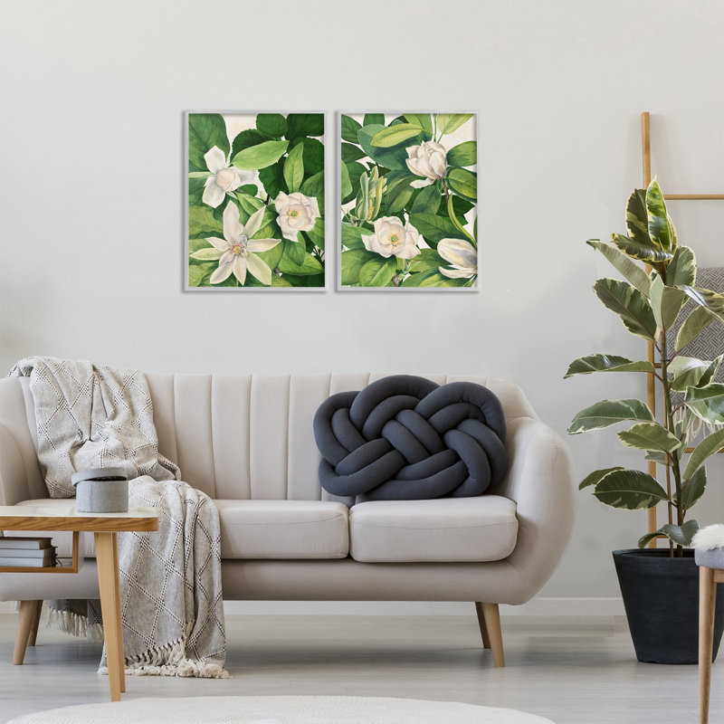 Lys blancs traditionnels avec feuilles, ensemble de 2 giclées encadrées, design par Susan Arnot, H 20 po x l 32 po