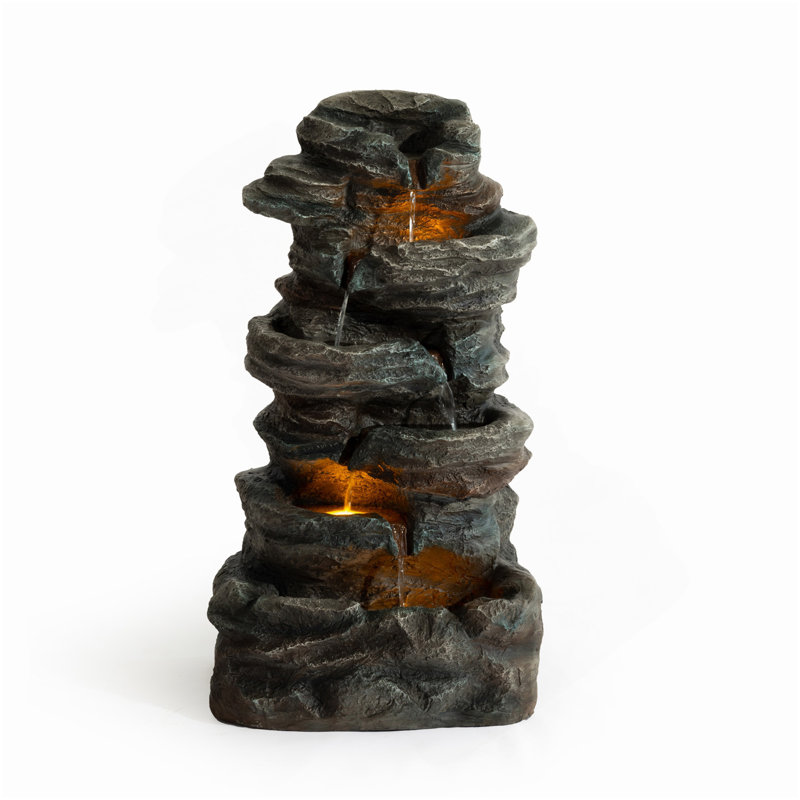 6-Tier Outdoor Cascading Stone Water Fountain With 3 LED Lights, Freestanding Led Fountain Decor For Garden, Patio, Yard & Deck, Natural Rock Appearance
