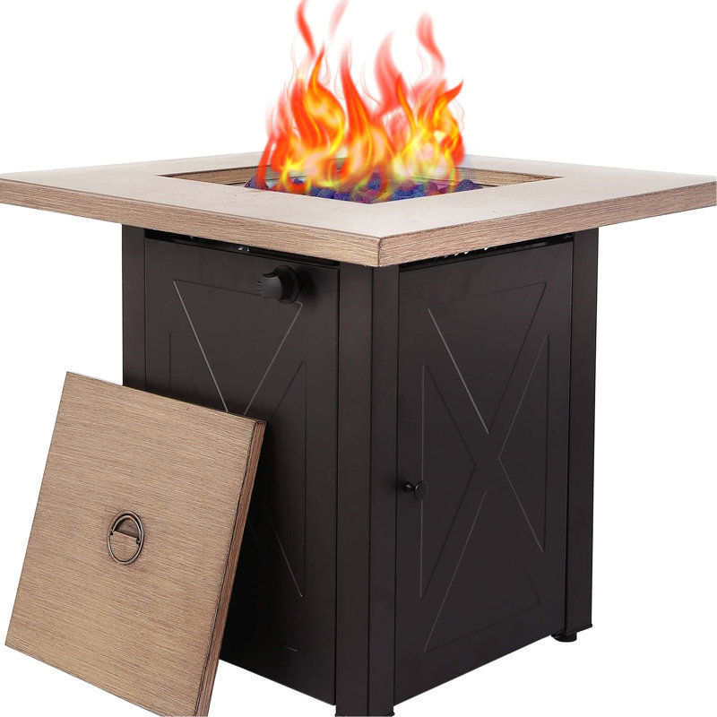 28Inch Outdoor Gas Fire Pit Table 48000 , Square Propane Patio . Bionic Wood Grain Lid. Great For Backyard, Garden, Party, Deck, Courtyard. Brown Steel. 28.6 In. Depth & Width, 23.46 Height, 62.61