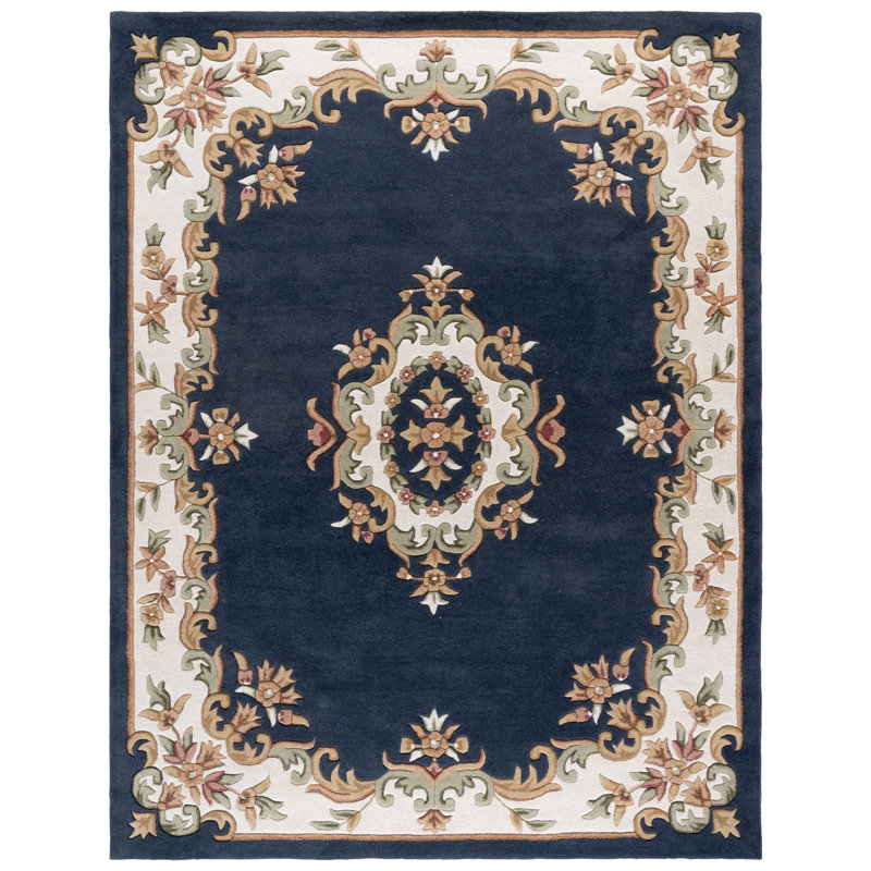 Aubusson Hand Tufted Wool/Cotton Floral Rug in Dark Blue/Ivory, Rectangle 8' x 10'
