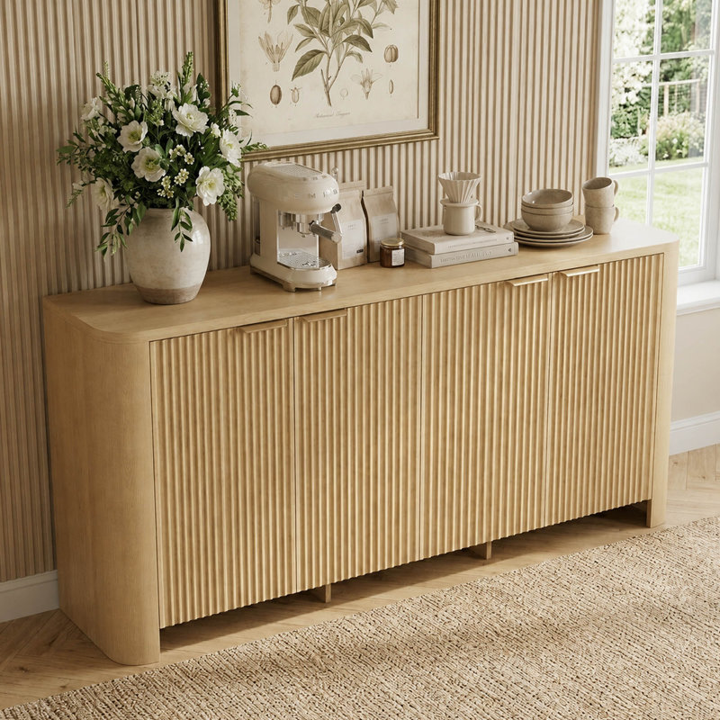 Avalie 63" Fluted Sideboard Buffet Cabinet with Adjustable Storage, Curved Side Design and Gold Metal Handles