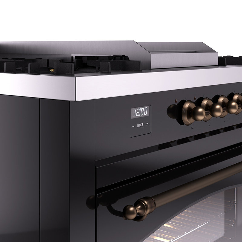 ILVE Nostalgie II 60 Dual Fuel Range, 5 Burners, Griddle, Frenchtop , Glossy Black/Bronze, Natural Gas