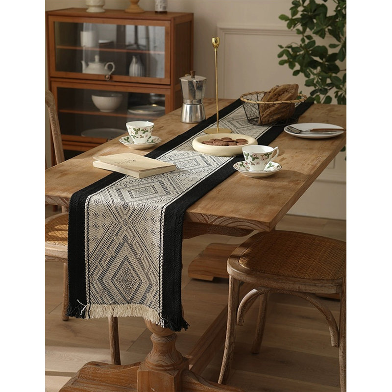 Emerald Geometricdiamond Weave Fringe Cotton Blend Table Runner 14" W, 14" W x 72" L, Black