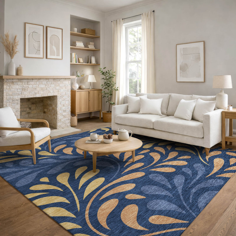 Premium Machine Washable Mayfield AMF2411 Floral Rug, Navy, 9' x 12'