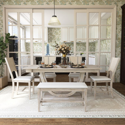 6-Piece Wood Top Half Round Dining Table Set with Bench