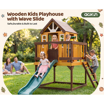 Maisonnette d'extérieur en bois pour enfants avec glissade à vagues, ensemble de jeu surélevé avec cuisine, télescope et volant, maisonnette en cèdre résistante aux intempéries avec échelle d'escalade et bac à sable