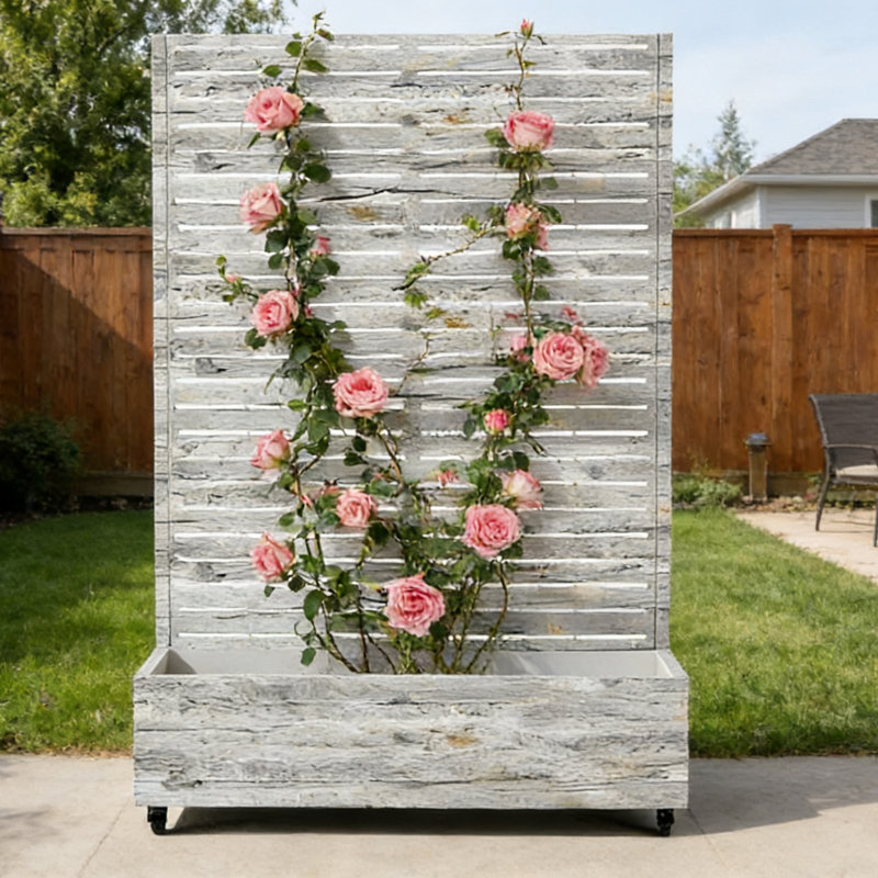 Planter Wall Metal Garden Bed Trellis, Elevated Planter Pot with Drainage & Lockable Wheels, Ideal for Climbing Plants, Vegetables, and Roses – Louver Pattern for Garden Enthusiasts