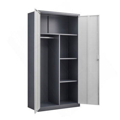 Gray Metal Large-Capacity Wardrobe With Hanging Rod And Compartments, Lockable Closet With Locks & Keys, Steel Construction, Waterproof & Fireproof, Suitable For Bedroom, Living Room And Laundry Room.