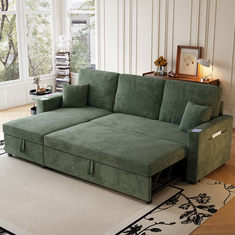 83.5'' Convertible Sleeper Sofa with Pull-Out Bed, Corduroy L Shaped Sectional Couch with Storage Chaise & USB Charging Port