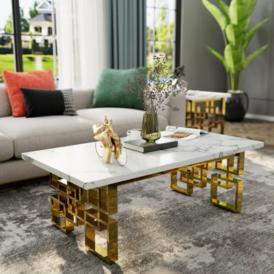 White Marble Coffee Table Set Of 3, Faux Marble Coffee Table, Console Table And End Table With Gold Stainless Steel O-Legs, Luxury Marble 3 Piece