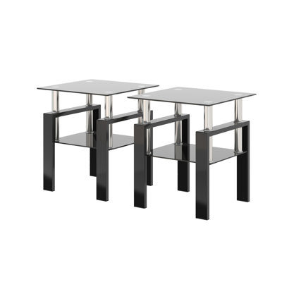 Set Of 2, Modern Tempered Glass Tea Table Coffee Table End Table, Square Table For Living Room, Black