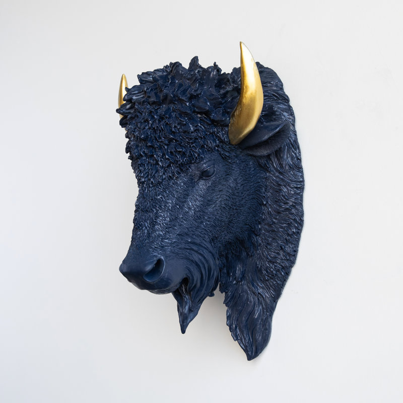 Décoration murale fausse tête de bison naturalisée, Bleu marine / doré