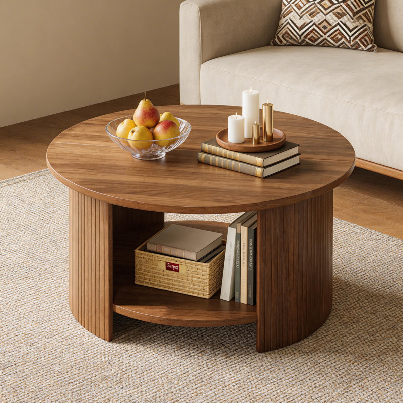 Table basse ronde en bois massif cannelé 31,5 "avec rangement ouvert, table de ferme moderne pour petits salons, Noyer