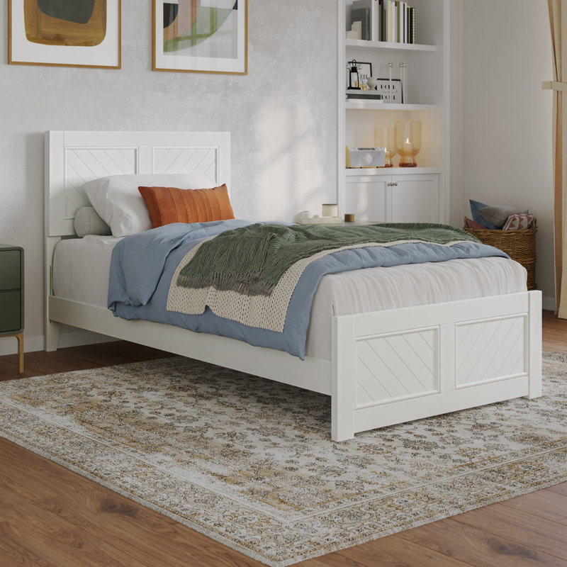 Jeinny Solid Wood Low Profile Platform Bed with Matching Footboard, White, Twin XL