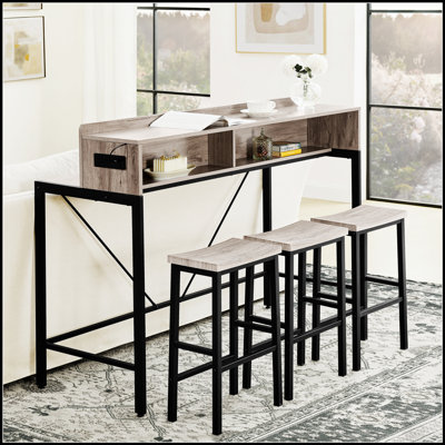 Ensemble de table de bar polyvalent avec prise de courant, lumières DEL et trois tabourets de selle ergonomiques pour les espaces de vie modernes