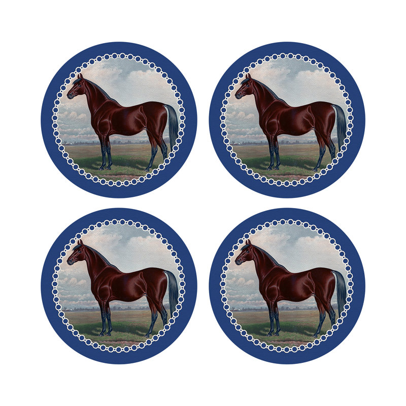 English Thoroghbred Red Vegan Leather Round Coasters, Blue