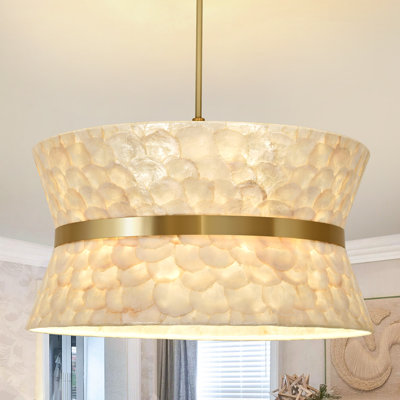 Natural Seashell Pendant Light with Accent Band - Modern Coastal Chandelier for Dining Room & Living Room (Bulbs Not Included)