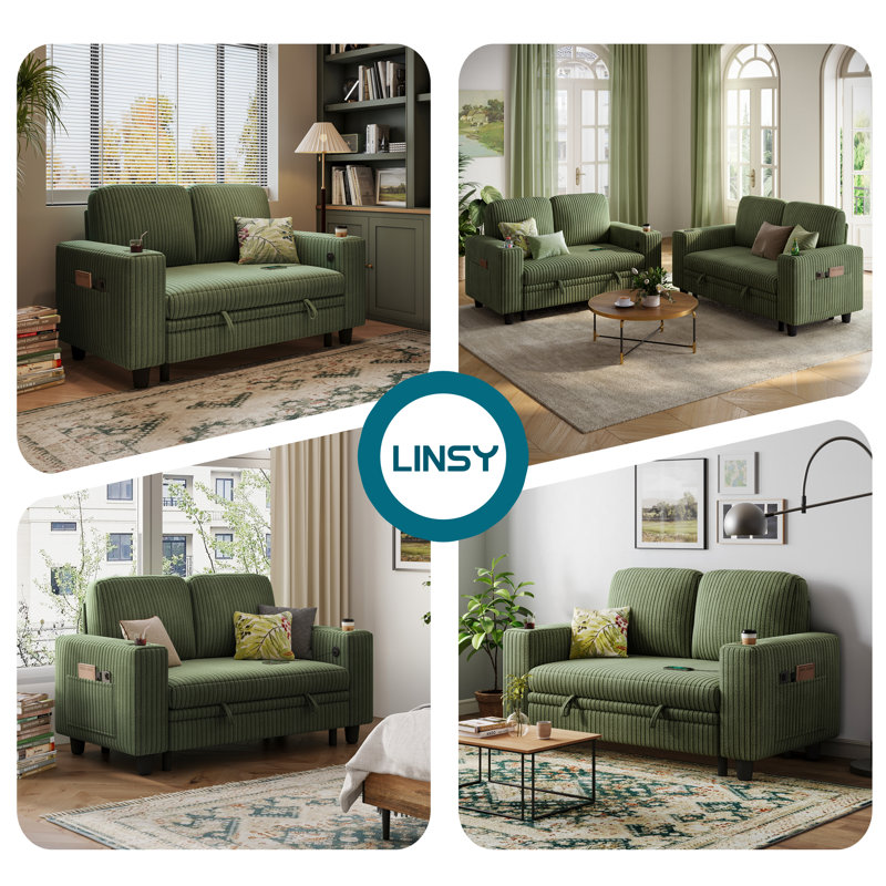 Upholstered Pull-out Sofa Bed, 34'' H X 56'' W X 32'' D, Bella Forest Green Corduroy