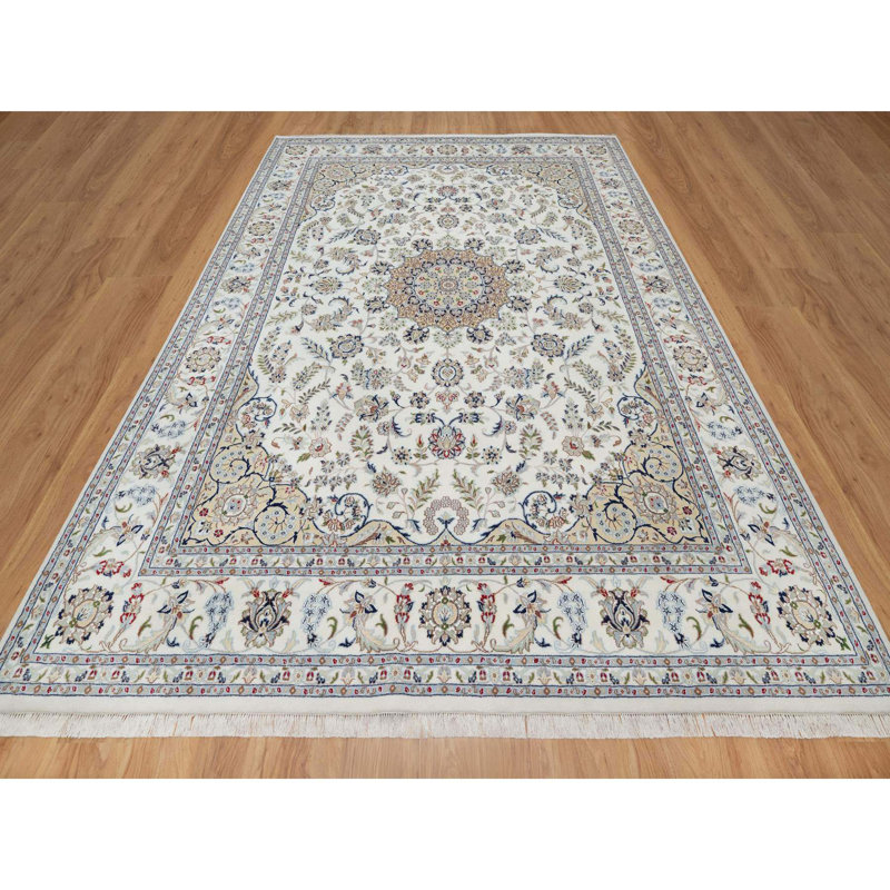 Tapis oriental blanc en coton 8 pi 10 po x 12 pi 4 po Nain avec motif de fleurs centrales, 250 KPSI