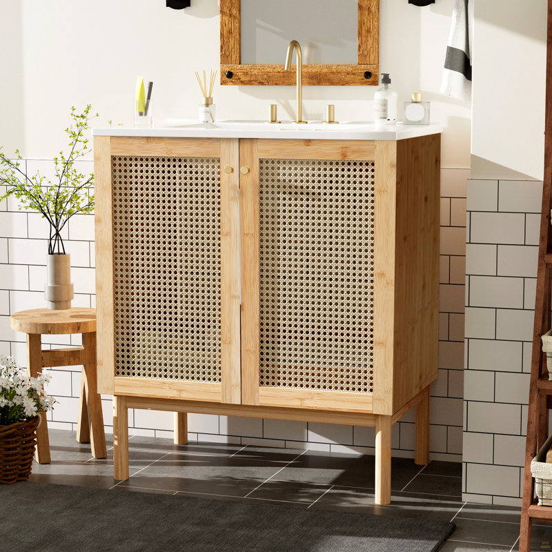 Meuble-lavabo de 30 pouces fabriqué à partir de matériaux naturels, avec des portes en rotin faites à la main et des mécanismes de fermeture en douceur