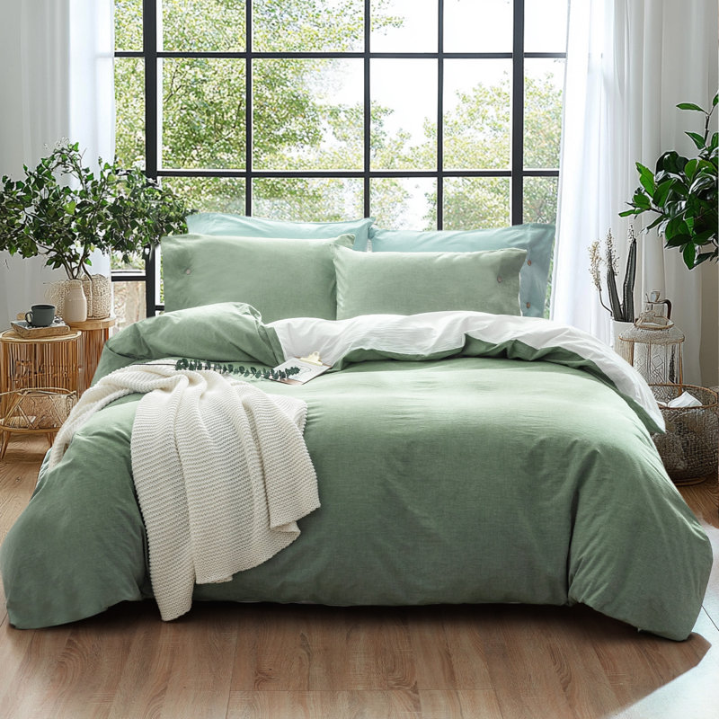 Solayne 100% Washed Cotton Reversible Duvet Cover Set, White and Green, Soft Casual Design with Zipper & Corner Ties, King