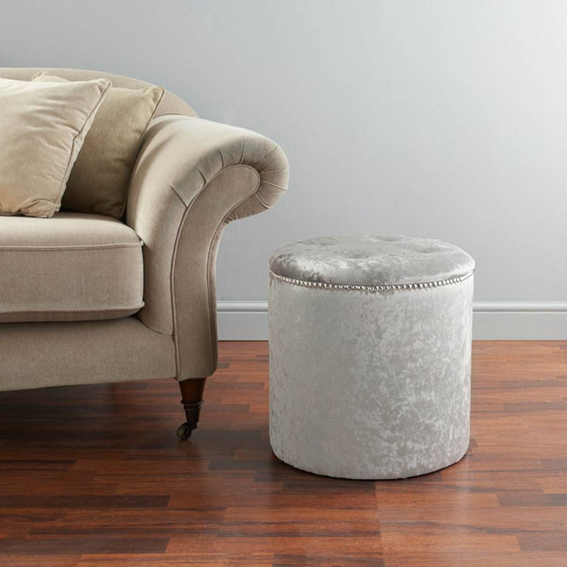 Hepner Velvet Tufted Round Solid Colour Pouffe Ottoman, Silver