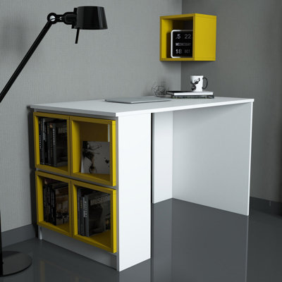 Modern Study Desk with Wall Shelf, White & Yellow, 47.2 x 29.5 x 25.6 inches | 100% Melamine Coated Particle Board, Thickness: 0.7 inches | Numerous Shelves, Wall-Mountable, Stylish & Functional Design for Home Office