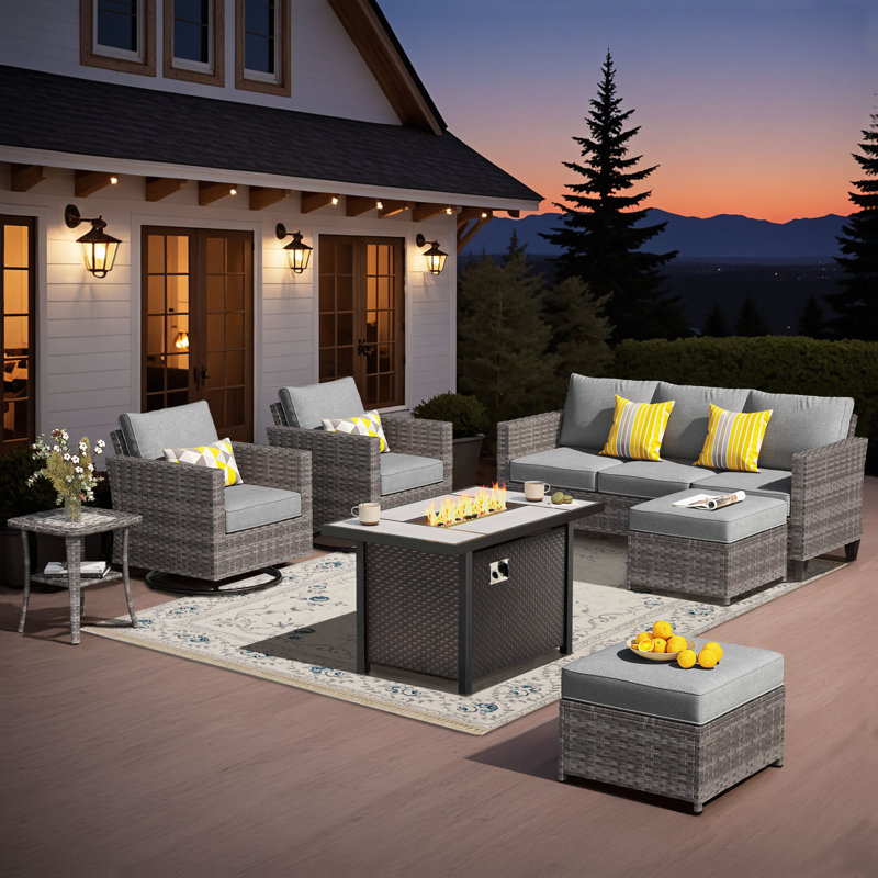 Outdoor Wicker 7 Person Seating Group With Swivel Rocking Armchairs And Fire Pit Table, Gray