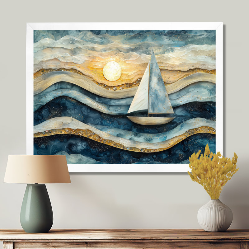 Impression sur toile de voilier doré sur la côte Safire Horizon II, H 16 po x l 32 po, Floater Framed, Natural