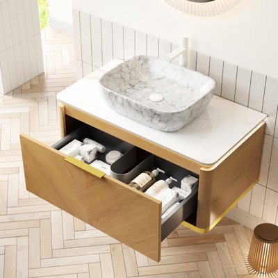 Floating 48" Bathroom Vanity With Drawers, Auto - Sensing Lighting, Ceramic Basin And Sintered Stone Top, Multi Layer Plywood In Dark Walnut Vanity: Pre Assembled Cabinet Soft Close System, Sensor ,
