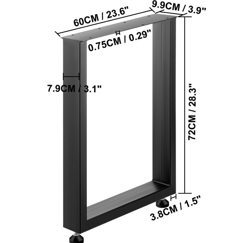 Ensemble de 2 pieds de table en acier de 28 po de hauteur et de 24 po de largeur, de section carrée robuste de 3,1 po de largeur, de 28 x 24 x 3,1 pouces de style industriel noir de style campagnard